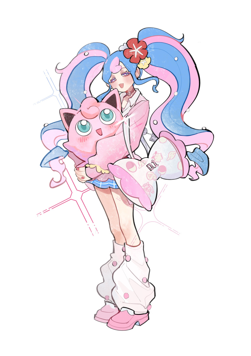 1girl :d absurdres blue_hair blush choker clefairy commentary fairy_miku_(project_voltage) flower full_body half-closed_eyes hatsune_miku heart heart_choker highres jigglypuff long_hair long_sleeves looking_at_viewer open_mouth own_hands_together pink_eyes pink_footwear pink_hair pink_nails pink_shirt pink_skirt pokemon pokemon_(creature) project_voltage red_flower shirt shoes sidelocks simple_background skirt smile symbol-only_commentary twintails unravel463 very_long_hair vocaloid white_background white_bag white_leg_warmers yellow_flower