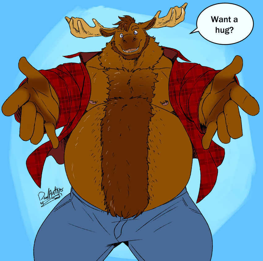 anthro antlers belly belly_fur big_belly body_hair bottomwear chest_fur clothing deadanthro deer denim denim_bottomwear denim_clothing happy_trail hi_res horn hug jacket jeans male mammal merrick_(denverthedragon) moose musclegut muscular new_world_deer pants pattern_clothing pattern_topwear plaid plaid_clothing plaid_jacket plaid_topwear solo topwear