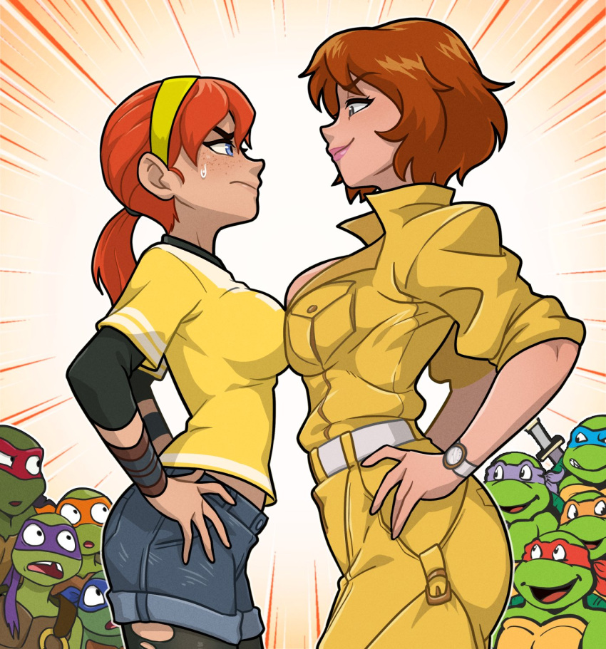 2girls akiman_pose april_o'neil blue_eyes breast_conscious breast_contest breast_envy breast_press breasts brown_hair centinel303 closed_mouth confrontation cropped_legs donatello_(tmnt) eye_contact face-to-face faceoff from_side green_eyes hand_on_own_hip hands_on_own_hips height_difference highres jumpsuit large_breasts leonardo_(tmnt) looking_at_another medium_breasts michelangelo_(tmnt) multiple_boys multiple_girls navel pantyhose ponytail raphael_(tmnt) red_hair reporter ribbon rivalry short_hair simple_background smile smug standing stare_down sweatdrop teenage_mutant_ninja_turtles teenage_mutant_ninja_turtles_(2012) teenage_mutant_ninja_turtles_(80s) torn_clothes torn_pantyhose yellow_jumpsuit yellow_ribbon