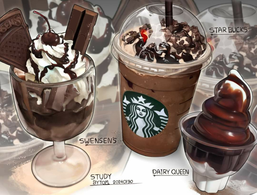 cherry chocolate chocolate_syrup coffee dairy_queen drink drinking_straw food food_focus fruit ice_cream lid no_humans original starbucks still_life swensen's tom23579 whipped_cream zoom_layer