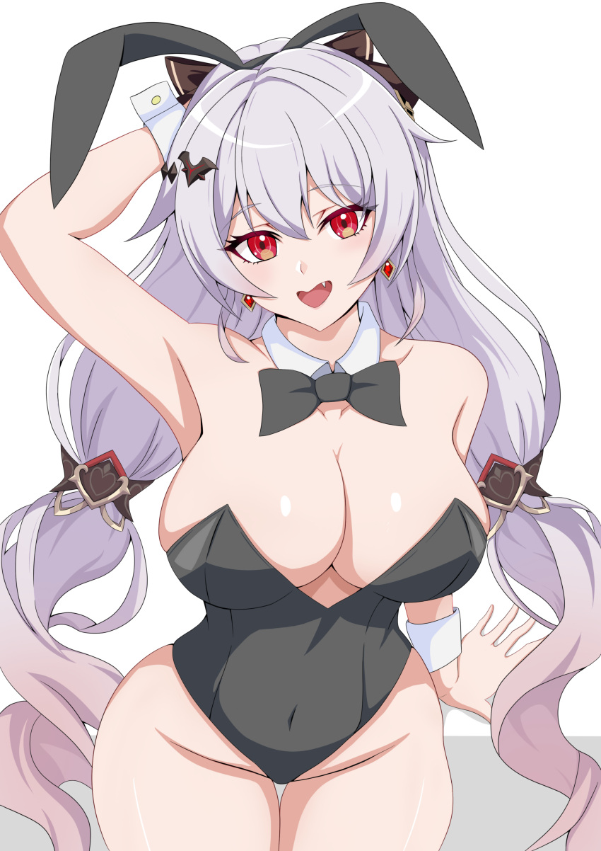 1girl absurdres animal_ears arm_behind_head arm_up armpits bare_legs bare_shoulders black_bow black_bowtie bow bowtie breasts cleavage collar cowboy_shot detached_collar earrings fake_animal_ears fang groin hair_bow hair_ornament highleg highleg_leotard highres honkai_(series) honkai_impact_3rd jewelry large_breasts leotard light_blush long_hair looking_at_viewer nobu_teio open_mouth playboy_bunny presenting_armpit rabbit_ears red_eyes simple_background sitting solo theresa_apocalypse theresa_apocalypse_(luna_kindred) theresa_apocalypse_(lunar_vow:_crimson_love) thighs very_long_hair white_background white_collar white_hair white_wrist_cuffs wrist_cuffs