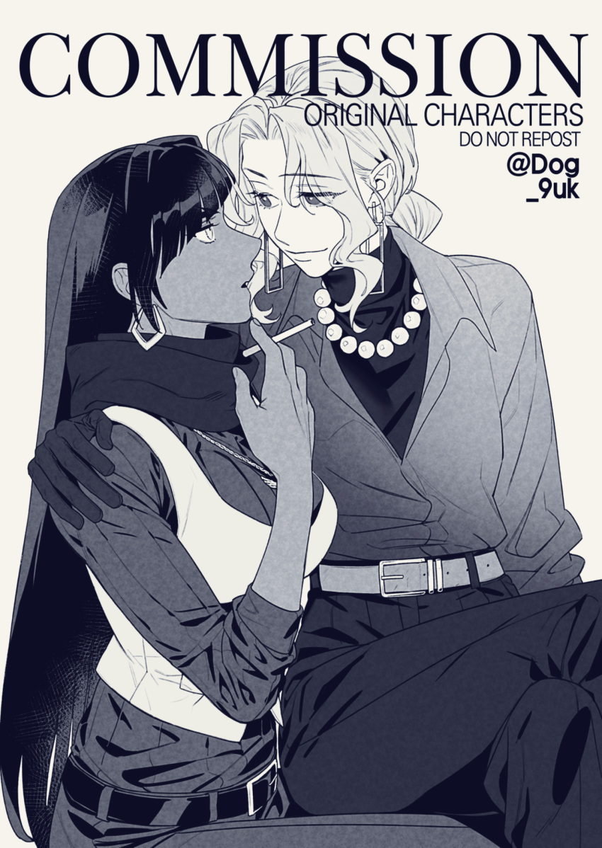 2girls belt cigarette closed_mouth commentary_request commission dog_9uk earrings english_text eye_contact greyscale hand_on_another's_shoulder highres holding holding_cigarette jewelry korean_commentary long_hair long_sleeves looking_at_another monochrome multiple_girls necklace original pants parted_lips scarf sitting sitting_on_lap sitting_on_person smile twitter_username yuri