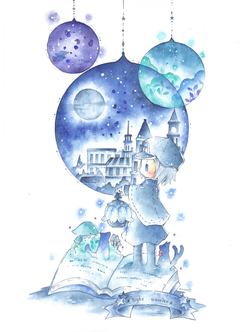 1girl absurdres book building cat english_text hat highres holding holding_lantern lantern leaf marimokan12 mushroom open_book original painting_(medium) profile short_hair solo traditional_media watercolor_(medium) white_hair