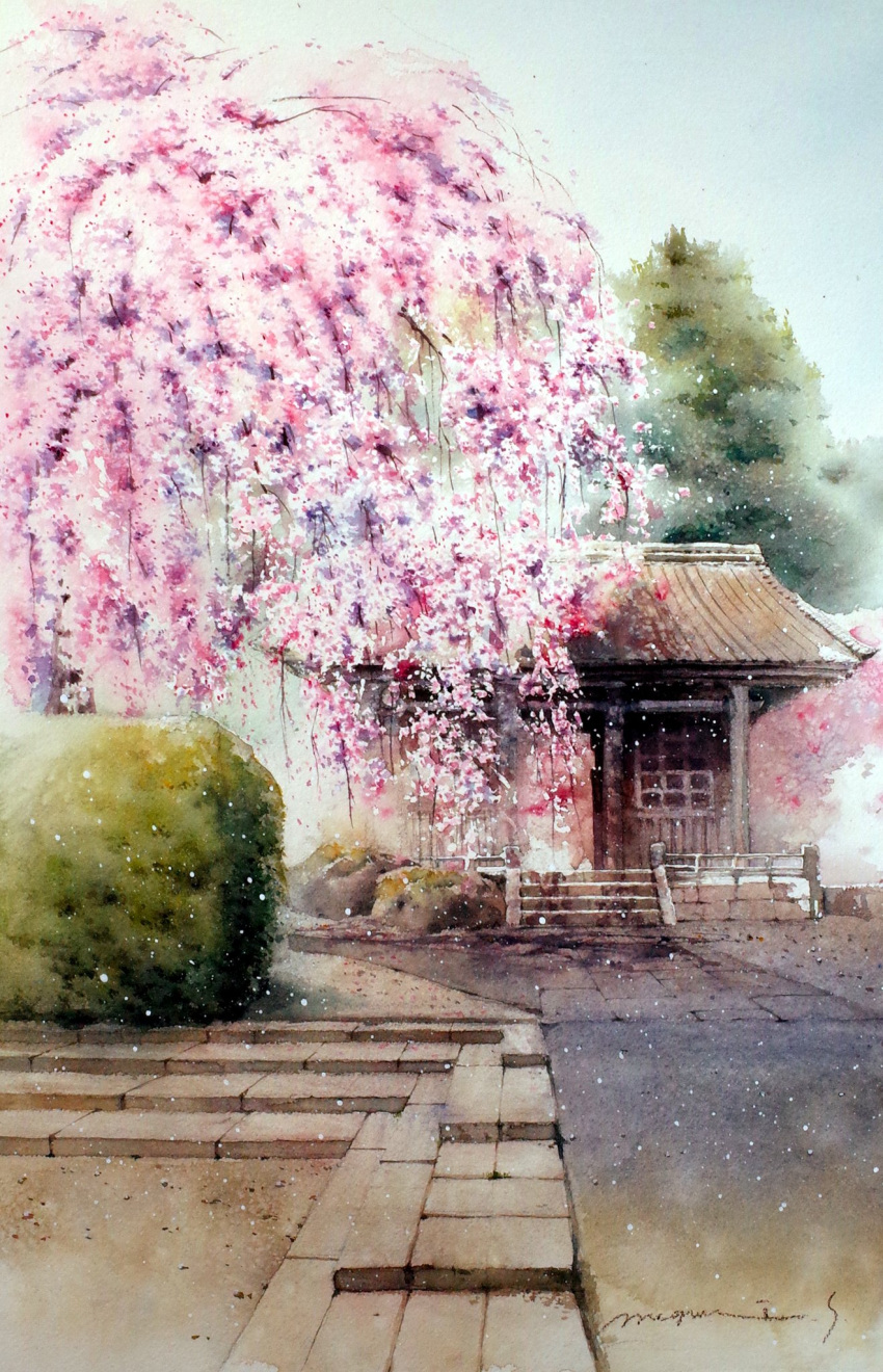 architecture autumn_leaves building bush cherry_blossoms day east_asian_architecture hedge highres no_humans original painting_(medium) scenery shadow shimizu_megumi_(m_acquerello) traditional_media tree watercolor_(medium)