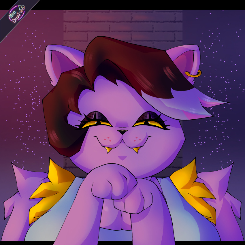 anthro black_hair catty_(undertale) domestic_cat ear_piercing eyelashes eyeshadow fangs felid feline felis female fur hair half-closed_eyes hi_res makeup mammal multicolored_hair narrowed_eyes neodrani paws piercing purple_body purple_fur short_hair smile smug solo teeth two_tone_hair undertale_(series) yellow_sclera