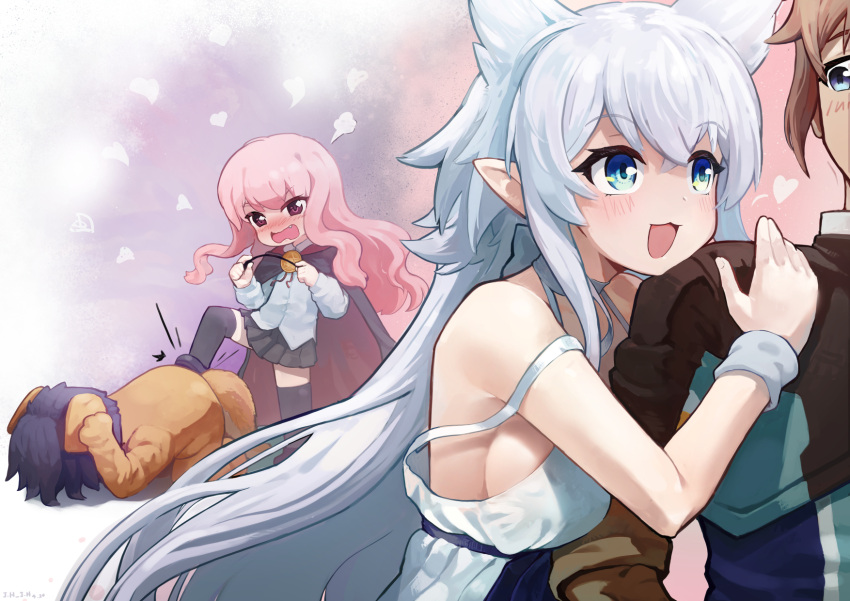 1boy 1other 2girls :3 all_fours animal_costume animal_ears arm_hug banaza black_cape black_capelet black_skirt black_thighhighs blue_eyes blush breasts brown_gloves brown_hair cape capelet dress eyebrows_hidden_by_hair fang fenrys full-face_blush gloves grey_wrist_cuffs hair_between_eyes heart highres hiraga_saito holding holding_wand j.h_j.h kicking large_breasts long_hair looking_at_another louise_francoise_le_blanc_de_la_valliere lv2_kara_cheat_datta_moto_yuusha_kouho_no_mattari_isekai_life motion_lines multiple_girls open_mouth out_of_frame pink_hair pleated_skirt pointy_ears puff_of_air shirt short_hair sideboob skirt smile strap_slip tan thighhighs uniform upper_body very_long_hair voice_actor_connection wand wavy_mouth white_dress white_hair white_shirt wolf_ears zero_no_tsukaima