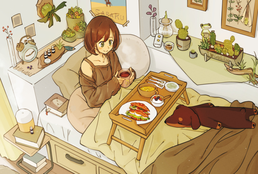 1girl alarm_clock bed bed_tray_table black_camisole black_cardigan blanket blush book bookmark brown_hair bucket camisole cardigan clock closed_mouth collarbone cup dog drawer drink full_body green_eyes holding holding_cup hydroponics incense_machine indoors looking_down matsumine_(twin-mix) mug nail_polish_bottle off_shoulder on_bed open_cardigan open_clothes original pillow plant potted_plant short_hair sitting smile solo steam under_covers vase