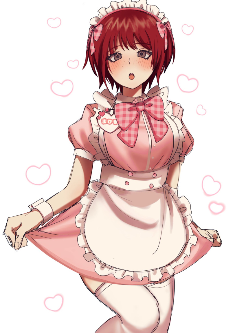 1girl :o alternate_costume apron blush bow bowtie breasts cowboy_shot danganronpa_(series) danganronpa_2:_goodbye_despair dress enmaided freckles hair_bow heart highres koizumi_mahiru kun_(oxx_kn_xxo) large_breasts maid pink_bow pink_bowtie pink_dress plaid plaid_bow plaid_bowtie puffy_short_sleeves puffy_sleeves red_hair short_hair short_sleeves solo thighhighs waist_apron white_background white_thighhighs