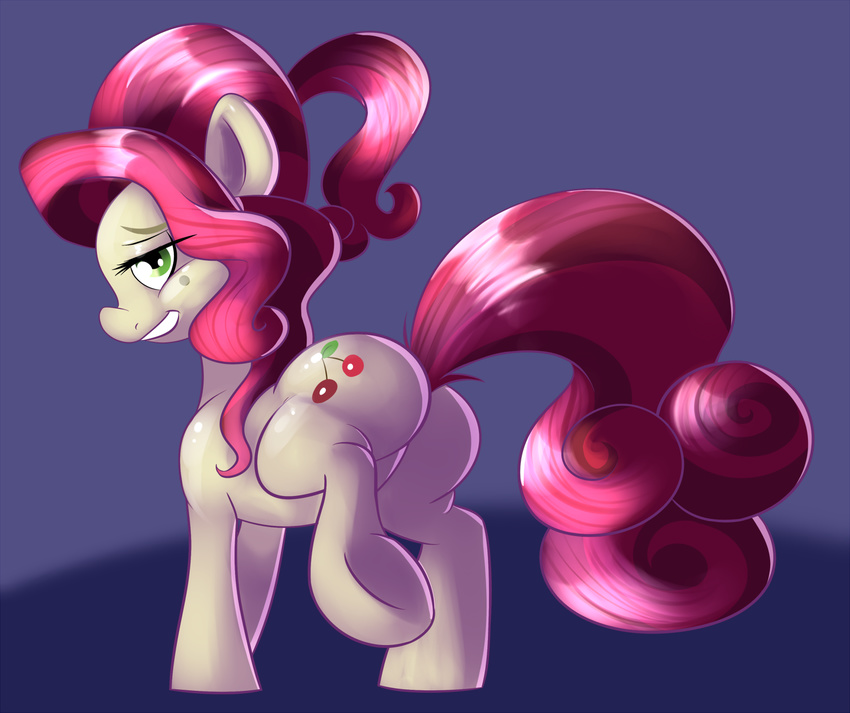 cherry_jubilee_(mlp) cutie_mark equine featureless_crotch female feral friendship_is_magic green_eyes hair horse looking_at_viewer mammal my_little_pony one_leg_up plain_background pony red_hair sbshouseofpancakes solo suggestive