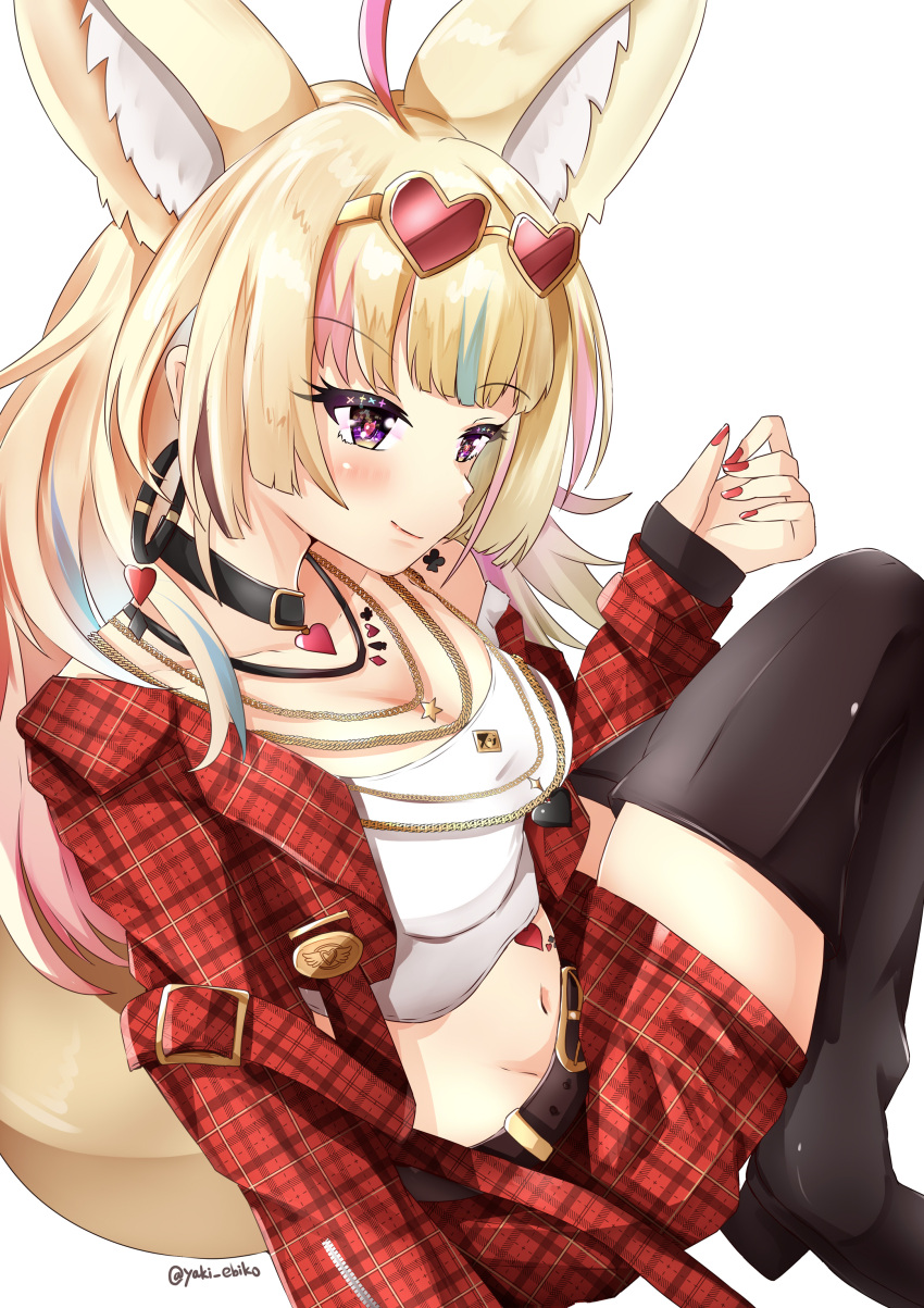1girl absurdres ahoge animal_ear_fluff animal_ears belt black_choker black_footwear blonde_hair blue_hair blush boots breasts brown_belt choker closed_mouth commentary_request cropped_jacket cropped_shirt earrings ebiko_yaki eyewear_on_head feet_out_of_frame fox_ears fox_girl fox_tail glasses heart heart-shaped_eyewear heart-shaped_pupils heart_choker highres hololive hoop_earrings jacket jewelry long_hair long_sleeves medium_breasts midriff multicolored_hair multiple_necklaces nail_polish navel official_alternate_costume official_alternate_hairstyle omaru_polka omaru_polka_(5th_costume) opaque_glasses open_clothes open_jacket pink_hair plaid plaid_jacket plaid_shorts purple_eyes red-tinted_eyewear red_jacket red_nails red_shorts shirt shorts simple_background smile solo streaked_hair sunglasses symbol-shaped_pupils t-shirt tail thigh_boots tinted_eyewear twitter_username virtual_youtuber white_background white_shirt