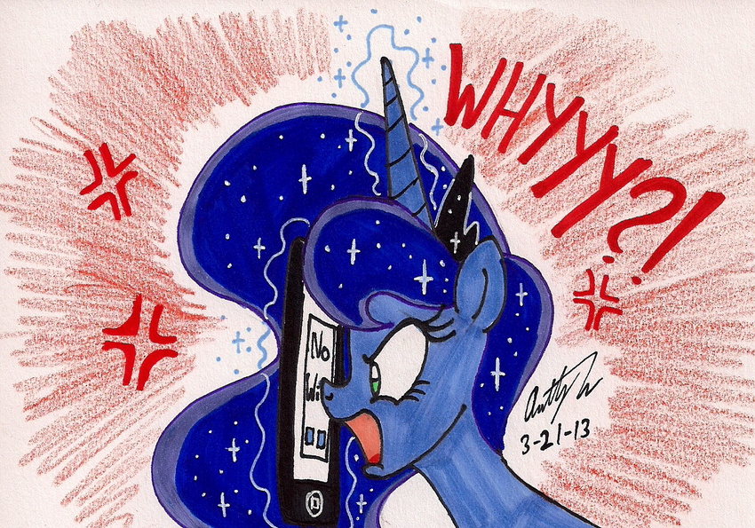 2013 ? angry blue_fur blue_hair crown english_text equine female feral friendship_is_magic fur green_eyes hair horn horse ipad mammal my_little_pony newyorkx3 open_mouth plain_background pony princess_luna_(mlp) text tongue traditional_media two_tone_hair winged_unicorn wings