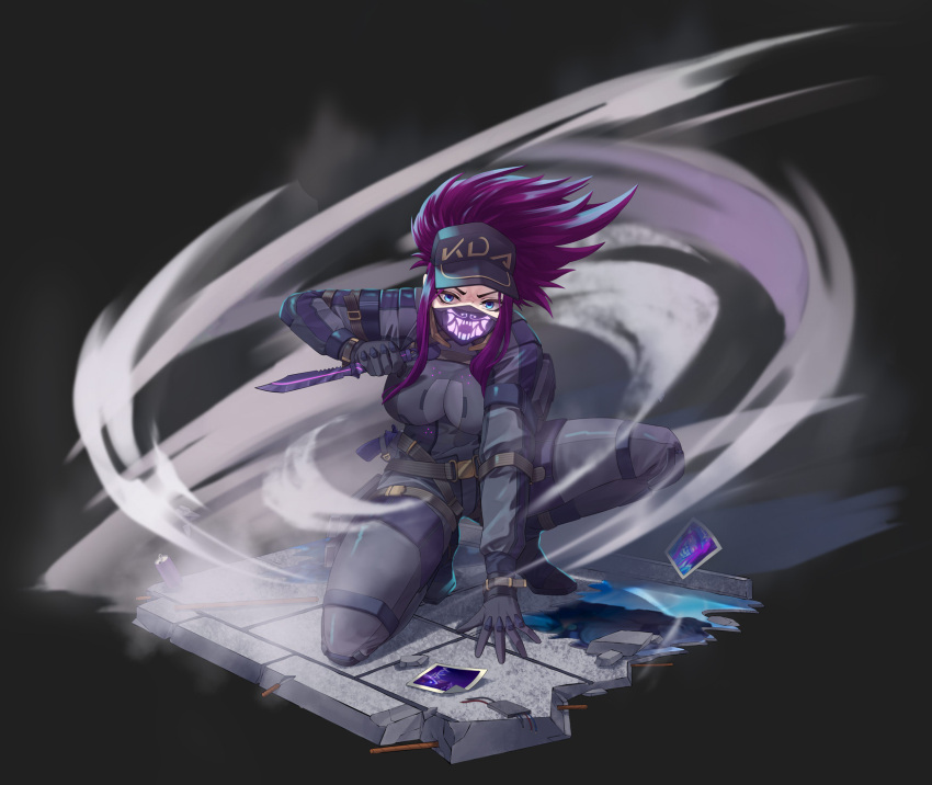 1girl akali baseball_cap belt black_gloves blue_eyes bodysuit breasts cleavage commission gloves hair_through_headwear hat highres holding holding_knife k/da_(league_of_legends) k/da_akali knife league_of_legends mask mouth_mask polaroid ponytail print_mask purple_hair samsam_s2s smoke solo tactical_clothes