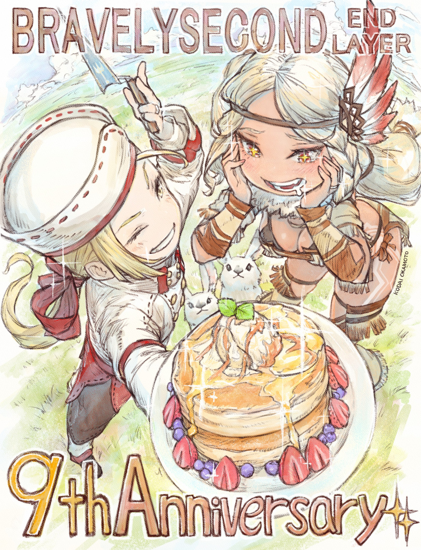 1boy 1girl absurdres aimee_matchlock angelo_ovo_panettone anniversary blonde_hair blush bravely_default_(series) bravely_second:_end_layer feather_hair_ornament feathers food from_above fruit hair_ornament highres holding holding_plate honey ikusy one_eye_closed pancake pancake_stack perspective plate red_eyes strawberry strawberry_slice white_hair yellow_eyes