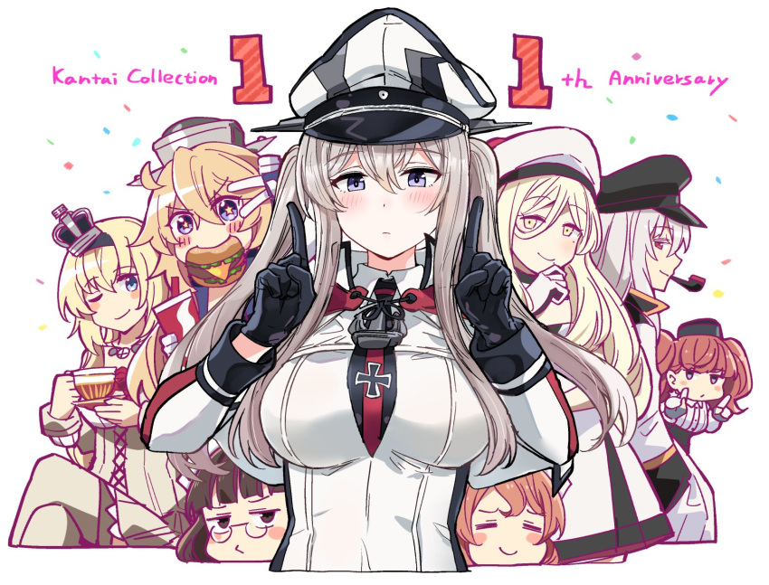 6+girls anniversary atlanta_(kancolle) beret black_gloves black_hat blonde_hair breasts brown_hair burger capelet closed_eyes closed_mouth commentary confetti copyright_name cross crossed_legs crown cup disposable_cup dress food gangut_(kancolle) glasses gloves graf_zeppelin_(kancolle) grey_hair hair_between_eyes hat headgear highres holding holding_cup ido_(teketeke) index_finger_raised iowa_(kancolle) iron_cross kantai_collection large_breasts littorio_(kancolle) long_hair long_sleeves looking_at_viewer military_uniform mini_crown mole mole_under_eye mouth_hold multiple_girls necktie one_eye_closed peaked_cap pipe_in_mouth richelieu_(kancolle) roma_(kancolle) sidelocks smile smoking_pipe star-shaped_pupils star_(symbol) symbol-only_commentary symbol-shaped_pupils uniform v v_over_eye warspite_(kancolle) white_hat