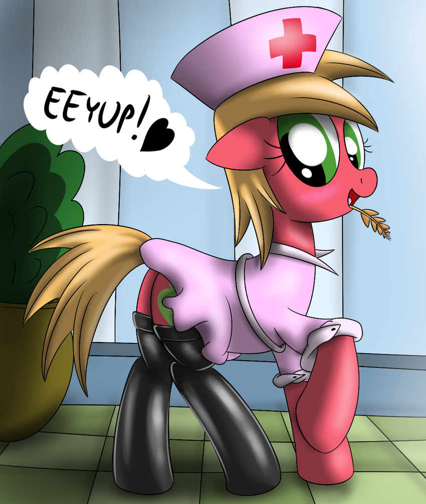 &lt;3 2013 big_macintosh_(mlp) blonde_hair bush clothing crossgender cutie_mark equine female feral friendship_is_magic fur green_eyes hair horse legwear looking_at_viewer mammal my_little_pony nurse nurse_cap nurse_hat nurse_uniform open_mouth pony red_fur solo thigh_highs wheat ziemniax