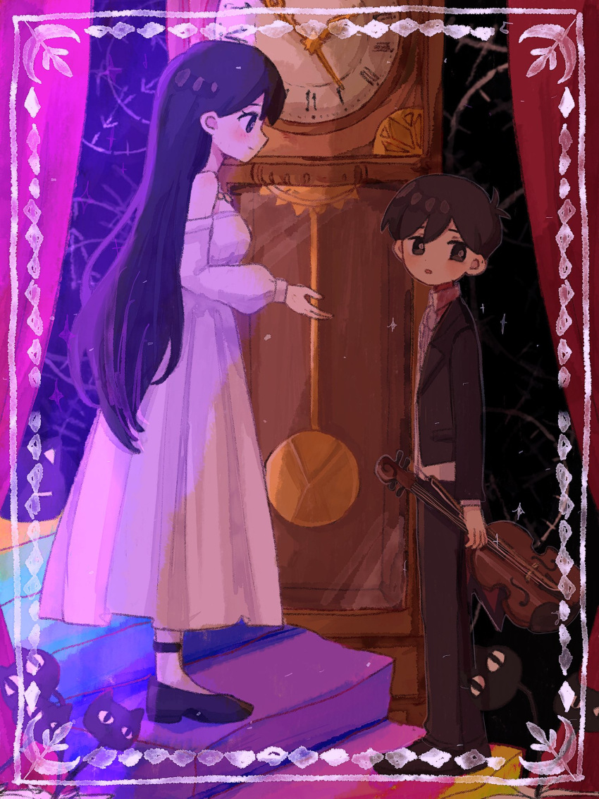 1boy 1girl black_eyes black_footwear black_hair bow_(music) cat clock closed_mouth dress grandfather_clock highres holding holding_instrument holding_violin instrument long_hair mari_(faraway)_(omori) mari_(omori) mewo mugi062 omori open_mouth sunny_(omori) violin white_dress