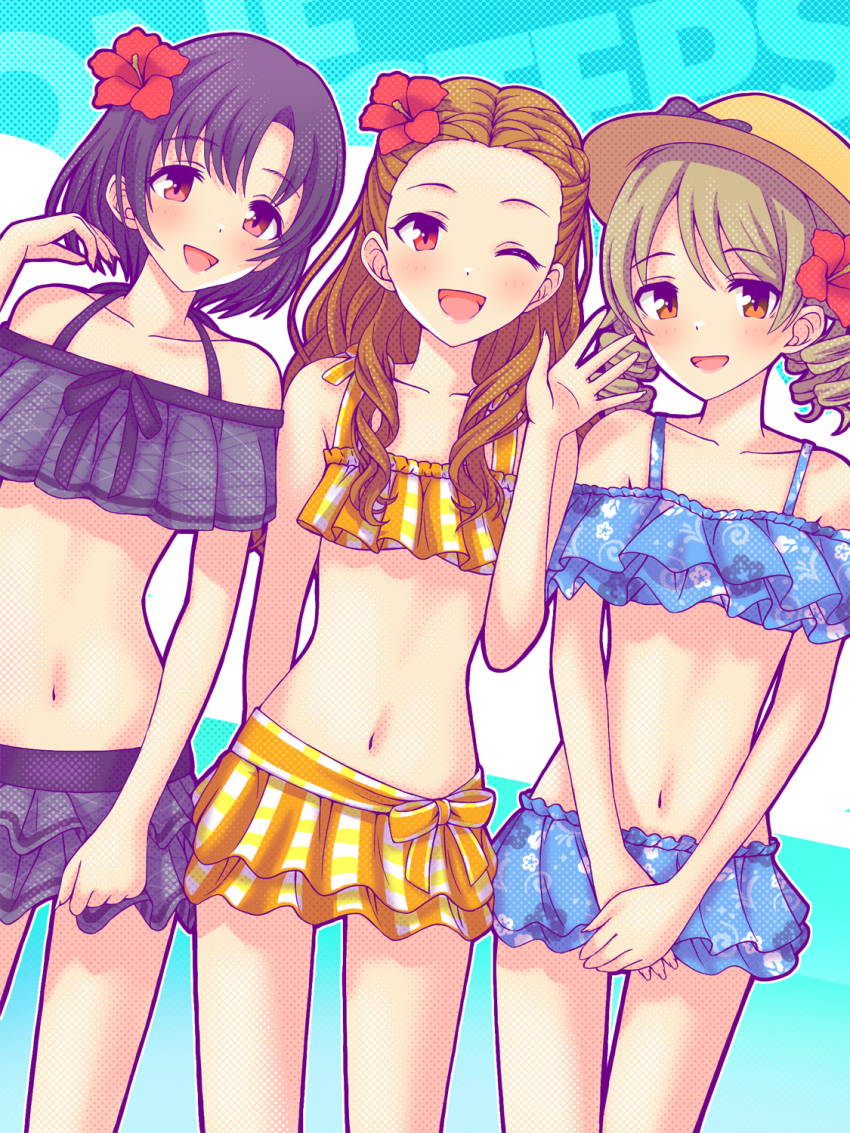 3girls bare_shoulders bikini bikini_skirt black_bikini black_hair black_ribbon blue_background blue_bikini blush braid breasts brown_eyes brown_hair collarbone cowboy_shot dot_nose drill_hair floral_print_bikini flower forehead hair_flower hair_ornament hand_up hat haua hibiscus highres idolmaster idolmaster_cinderella_girls idolmaster_cinderella_girls_starlight_stage long_hair looking_at_viewer morikubo_nono multiple_girls navel one_eye_closed open_hand open_mouth polka_dot polka_dot_background red_eyes red_flower ribbon seki_hiromi shiragiku_hotaru short_hair small_breasts smile standing straw_hat swimsuit v_arms wavy_hair yellow_bikini