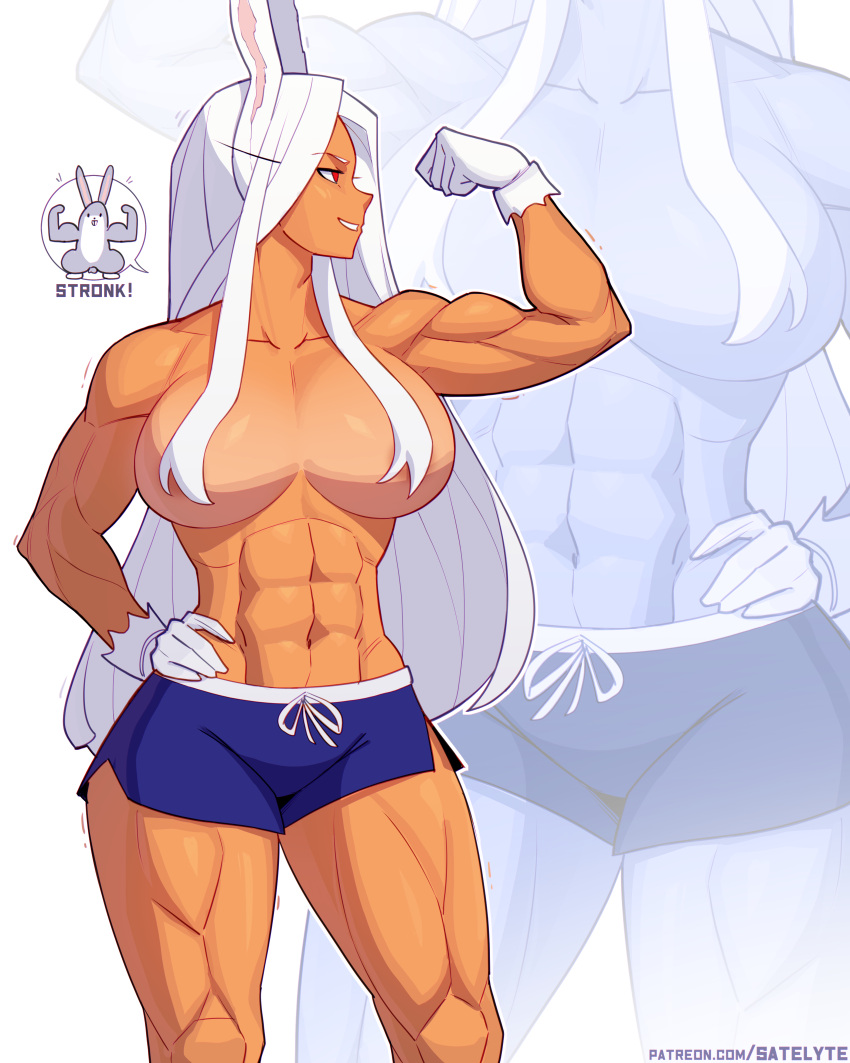 1girl abs absurdres animal_ears arm_up biceps blue_shorts boku_no_hero_academia breasts clenched_hand collarbone dark-skinned_female dark_skin dolphin_shorts english_commentary english_text flexing hair_over_breasts hand_on_own_hip highres large_breasts long_eyelashes long_hair looking_to_the_side mirko muscular muscular_female navel parted_bangs parted_lips patreon_username rabbit rabbit_ears rabbit_girl red_eyes satelyte shorts smile solo speech_bubble stomach thick_thighs thighs topless very_long_hair white_hair zoom_layer