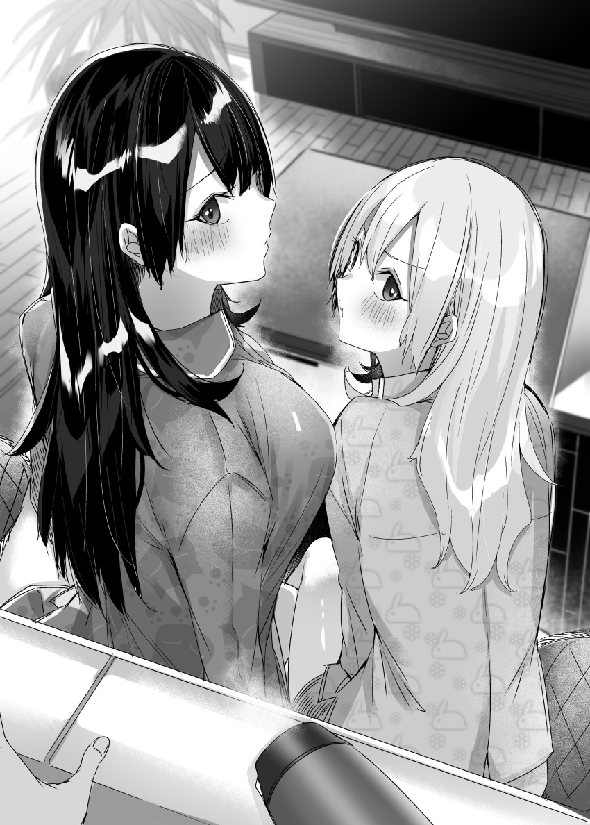 1other 2girls :t absurdres blush breasts character_request closed_mouth commentary_request couch fingernails furrowed_brow greyscale head_tilt highres hitotsuba_kaede kakao_(chocolate_land) large_breasts long_hair looking_at_viewer looking_back monochrome multiple_girls novel_illustration official_art on_couch out_of_frame parted_lips plant potted_plant pout ryoushin_no_shakkin second-party_source shiny_skin sitting television wooden_floor