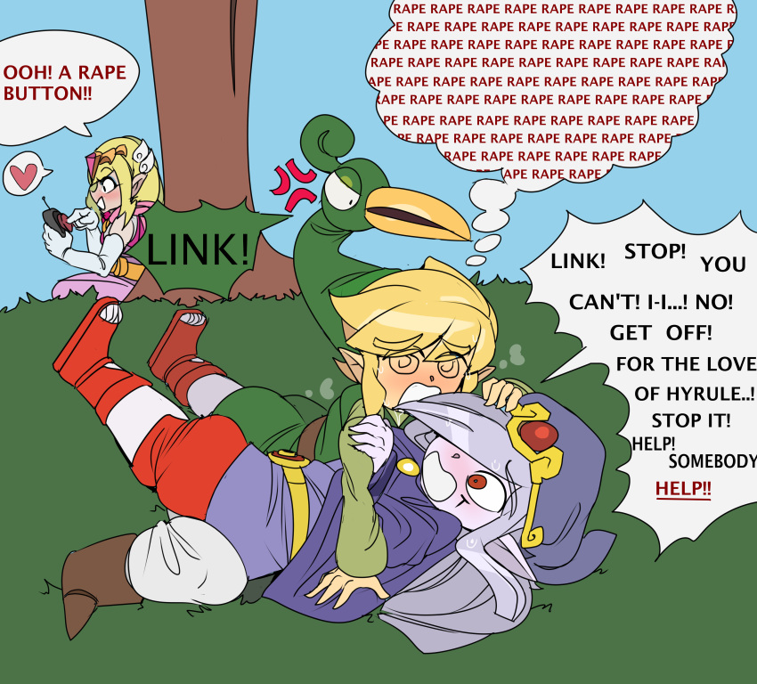 absurd_res ambiguous_penetration asking_for_help asking_to_stop captainkirb clothed clothed_sex clothing controller dry_humping duo ezlo forced fully_clothed grass group hi_res humanoid hylian link male male/male mind_control minish minish_cap nintendo outside penetration plant princess_zelda rape remote_control sex the_legend_of_zelda tree vaati voyeur