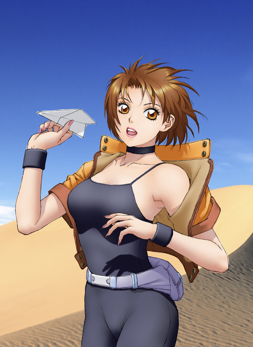 belt_pouch bodysuit brown_eyes brown_hair choker day desert fanny_pack highres jacket lipstick looking_at_viewer makeup open_mouth original paper_airplane pouch short_hair sky wristband yui_toshiki