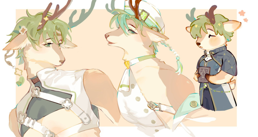 1boy animal_ears animal_hands antlers bishounen blush body_fur braid brown_fur closed_mouth deer_boy deer_ears deer_tail deformed furrification furry furry_male green_eyes green_hair green_hat hat highres holding hooves horns kogu0_0 long_hair looking_at_viewer male_focus multiple_views nu_carnival olivine_(nu_carnival) open_mouth orange_background sailor_hat shirt sideless_outfit simple_background sleeveless tail upper_body white_hat white_shirt