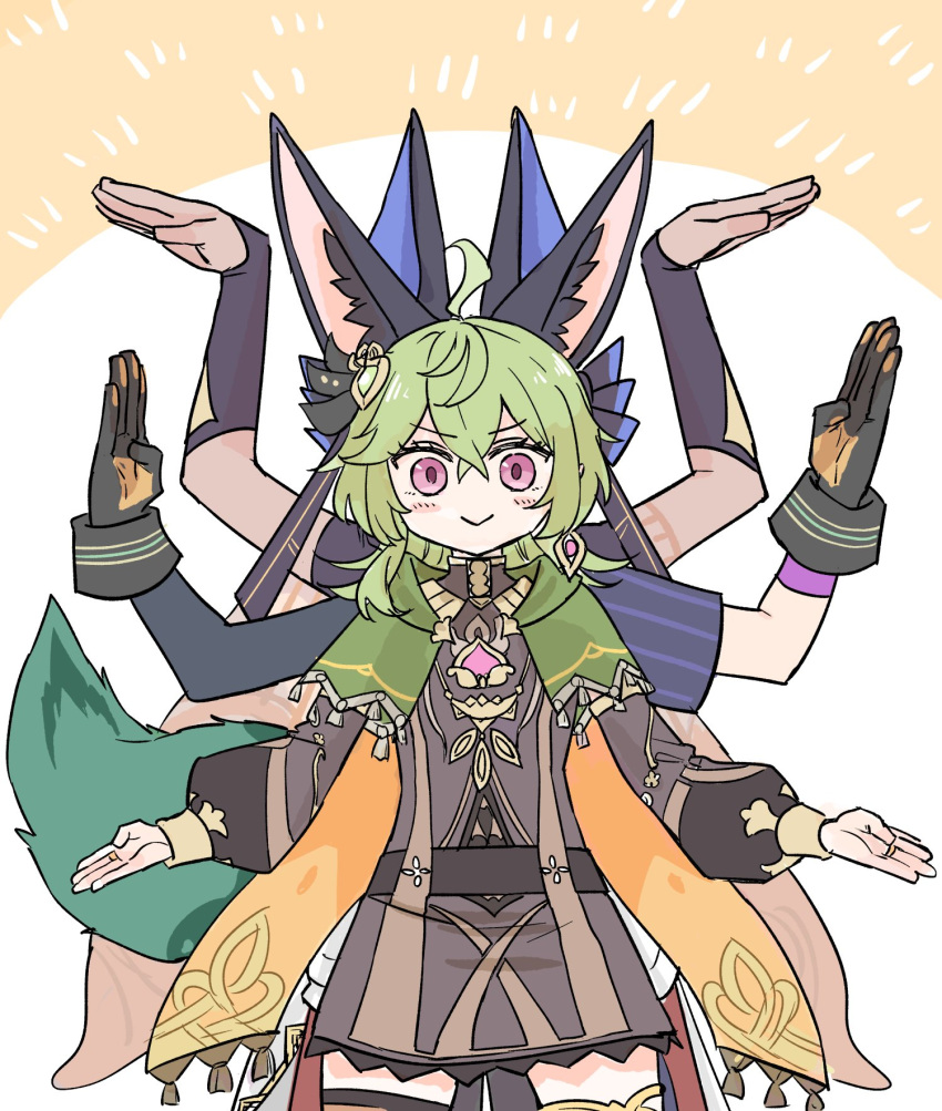 &gt;:) 1girl 2boys ahoge animal_ears arms_up asymmetrical_sleeves behind_another bridal_gauntlets capelet closed_mouth collei_(genshin_impact) cowboy_shot crossed_bangs cyno_(genshin_impact) dangle_earrings dress earrings genshin_impact gloves green_hair hair_between_eyes hair_ornament hands_up highres himeko_(nico6v6pachi) jewelry long_hair long_sleeves looking_at_viewer multiple_boys outstretched_hand pink_eyes puffy_long_sleeves puffy_sleeves ring scarf short_dress short_sleeves smile straight-on tail tan thighhighs tighnari_(genshin_impact) v-shaped_eyebrows