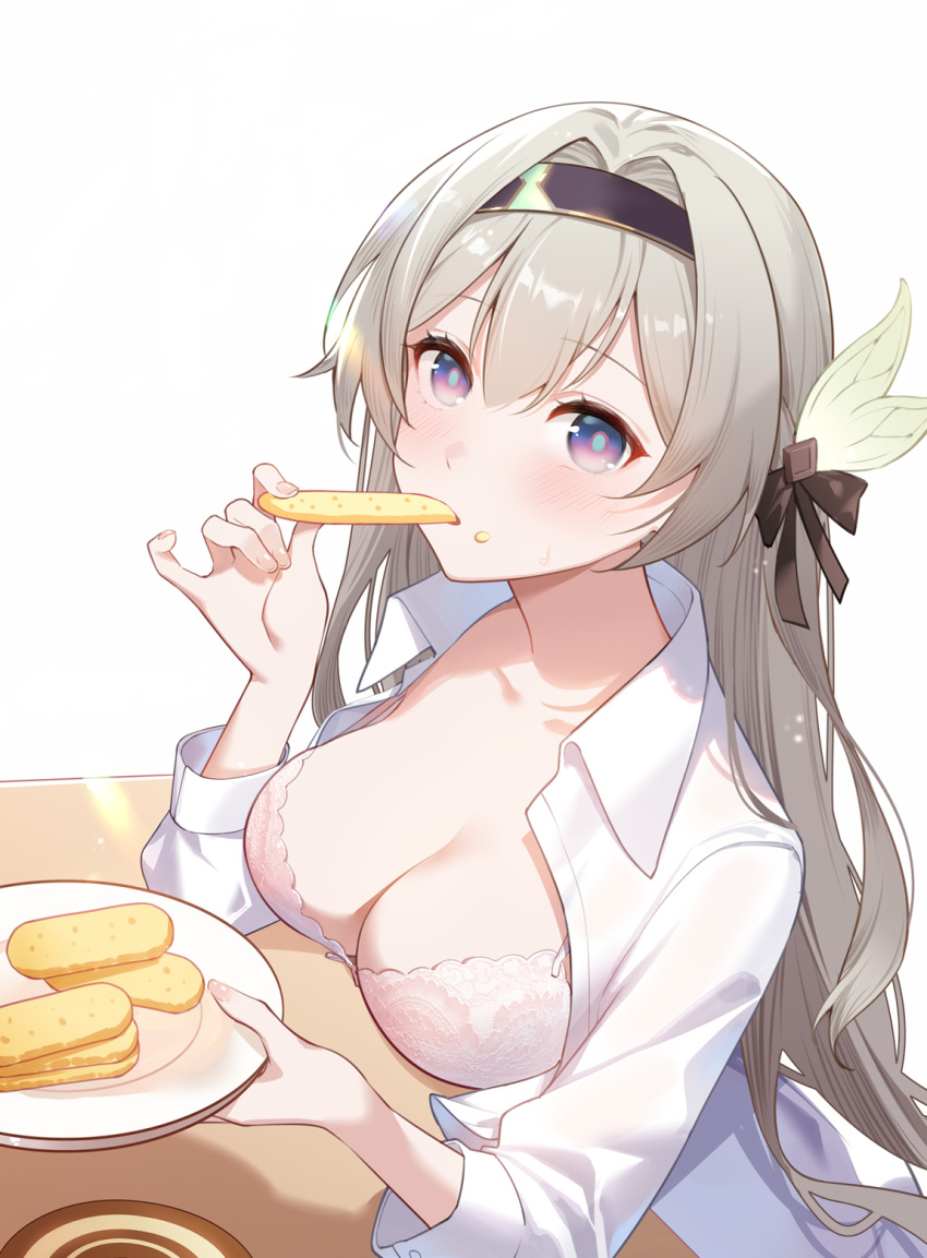 1girl black_hairband bra breasts cleavage commentary eating firefly_(honkai:_star_rail) food grey_hair hairband highres holding holding_food holding_plate honkai:_star_rail honkai_(series) large_breasts long_hair long_sleeves looking_at_viewer plate purple_eyes shirt simple_background solo underwear upper_body very_long_hair white_background white_bra white_shirt xion32