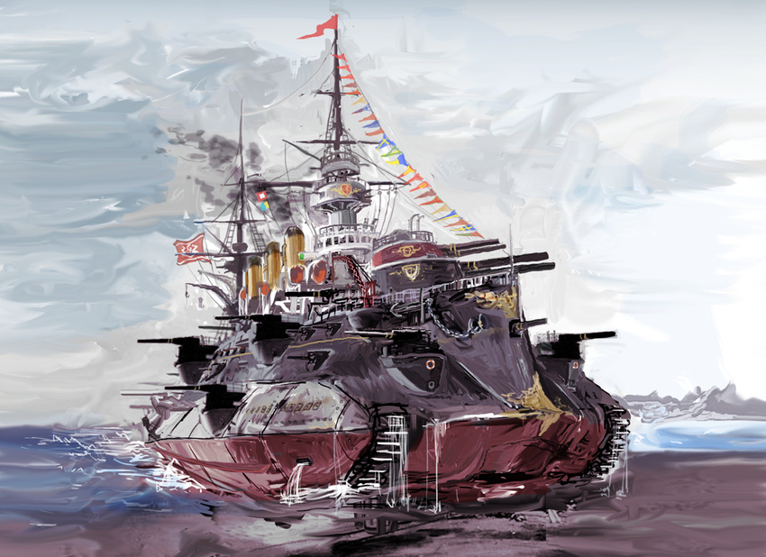 anchor battleship beach cannon caterpillar_tracks flag flags_of_all_nations military military_vehicle navy no_humans ocean pixiv_fantasia pixiv_fantasia_new_world ship smoke smokestack string_of_flags warship water watercraft weapon