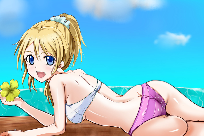 ass ayase_eli bad_anatomy bikini blonde_hair blue_eyes flower long_hair love_live! love_live!_school_idol_project lying on_stomach ponytail solo swimsuit tranquilizer_(bestcenter)