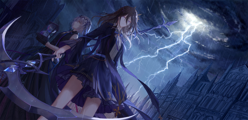 bangs black_dress black_hair breasts building castle circlet cloud cloudy_sky collared_dress commentary_request dress dutch_angle expressionless floating_hair gold hair_between_eyes highres holding holding_hourglass holding_scythe holding_weapon hourglass lightning long_hair multiple_girls neck_ribbon original outdoors purple_dress purple_eyes purple_ribbon rain ribbon scythe short_hair sidelocks silver_hair sky sleeveless sleeveless_dress storm water weapon wide_sleeves wind xing_muhen yellow_eyes