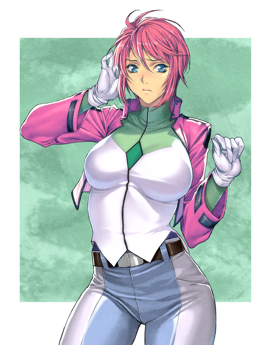 1girl belt blue_eyes blush breasts cropped_jacket feldt_grace gloves gundam gundam_00 highres homare_(fool's_art) homare_(fool's_art) jacket large_breasts looking_at_viewer pink_hair short_hair simple_background skin_tight solo standing thight_pants tight_pants uniform white_gloves