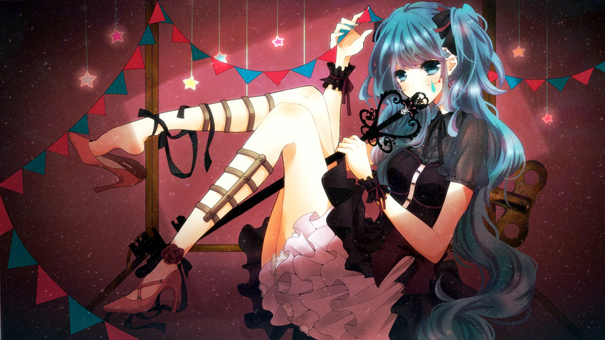 absurdres aqua_eyes aqua_hair bangs blouse blue_hair bodice covered_mouth facepaint from_side full_body hatsune_miku high_heels highres key knees_up long_hair looking_at_viewer no_socks pennant pink_footwear pleated_skirt shoe_dangle shoes short_sleeves sitting skirt solo sona star string_of_flags very_long_hair vocaloid white_skirt winding_key wrist_cuffs