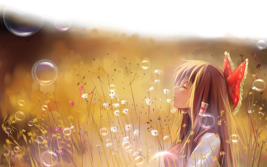 a_luo bow brown_hair bubble chamomile closed_eyes flower hair_bow hakurei_reimu highres long_hair profile solo touhou