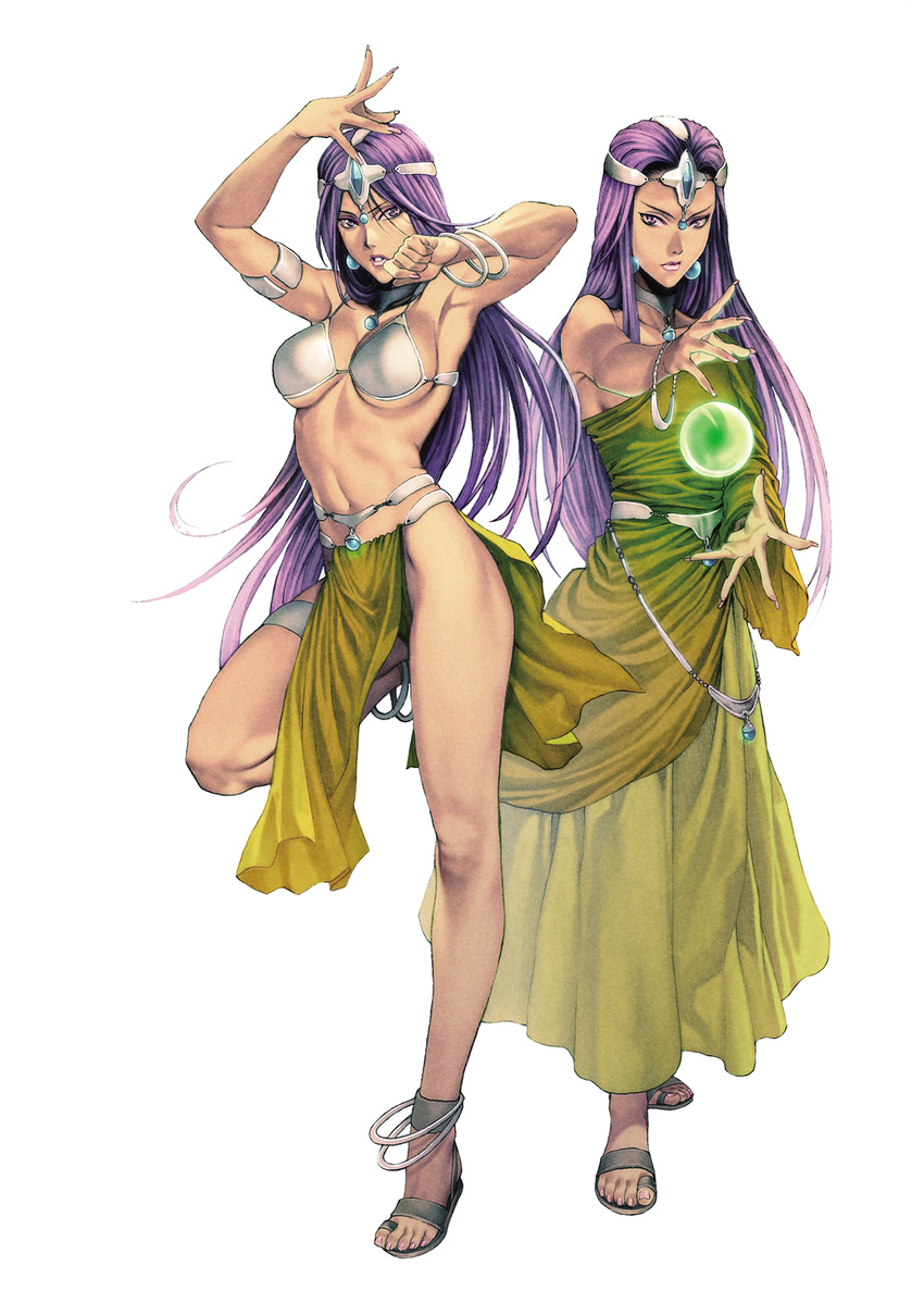 anklet armor armpits arms_up bikini_armor bracelet breasts choker circlet crystal_ball dark_skin dragon_quest dragon_quest_iv dress earrings feet fighting_stance hands highres homare_(fool's_art) jewelry legs lips lipstick loincloth long_hair looking_at_viewer makeup manya medium_breasts midriff minea multiple_girls nail_polish navel necklace pelvic_curtain pink_nails purple_eyes purple_hair purple_lipstick realistic sandals siblings simple_background sisters standing standing_on_one_leg thigh_strap toned twins underboob white_background