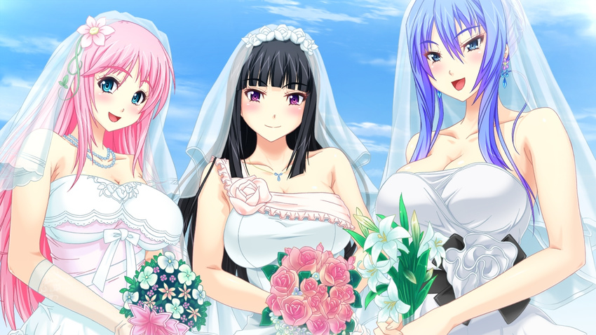 16:9 3girls bare_shoulders black_hair blue_eyes blue_hair blush bouquet breasts bridal_veil bride cleavage cloud dress earrings elbow_gloves flower game_cg gloves jewelry kaneshiro_wataru large_breasts long_hair looking_at_viewer multiple_girls open_mouth oppai_igai_ga_dame_sugiru_ane pink_eyes pink_hair sky smile standing veil wedding_dress