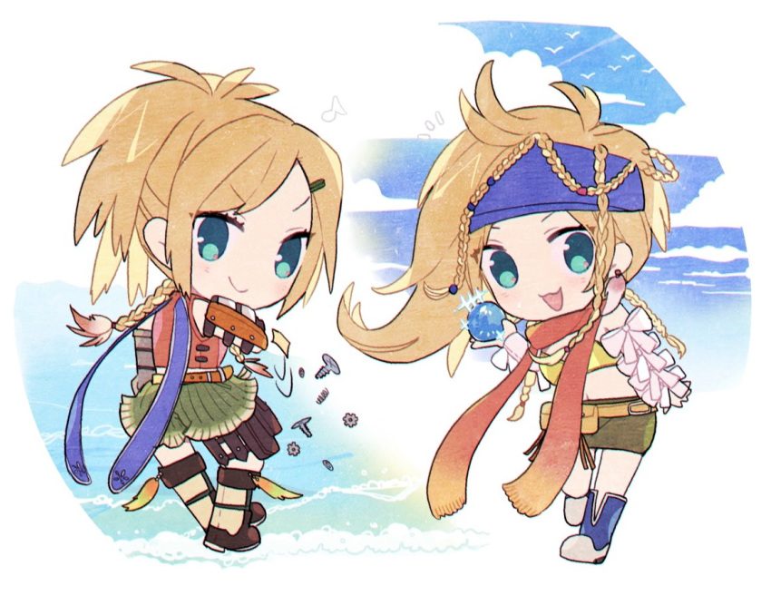 :3 :d beads bikini_top blonde_hair blue_eyes boots bow braid chibi cloud dual_persona eyebrows_visible_through_hair final_fantasy final_fantasy_x final_fantasy_x-2 full_body gears green_shorts hair_beads hair_ornament hairclip kawasumi_(pixiv326156) long_hair looking_at_viewer motion_lines multiple_girls musical_note open_mouth pouch red_scarf rikku scarf screw shorts smile spring_(object) v-shaped_eyebrows white_bow yellow_bikini_top