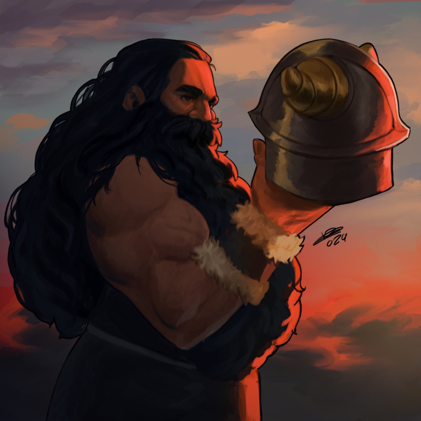 1boy bara beard black_hair cloud commentary covered_mouth cowboy_shot dungeon_meshi dwarf english_commentary facial_hair fake_horns fingernails from_side fur_trim hair_slicked_back hand_up helmet highres holding holding_helmet horned_helmet horns long_beard long_hair looking_to_the_side male_focus muscular muscular_male mustache nature nurve26 senshi_(dungeon_meshi) signature sky sleeveless solo twilight unworn_headwear unworn_helmet upper_body vambraces