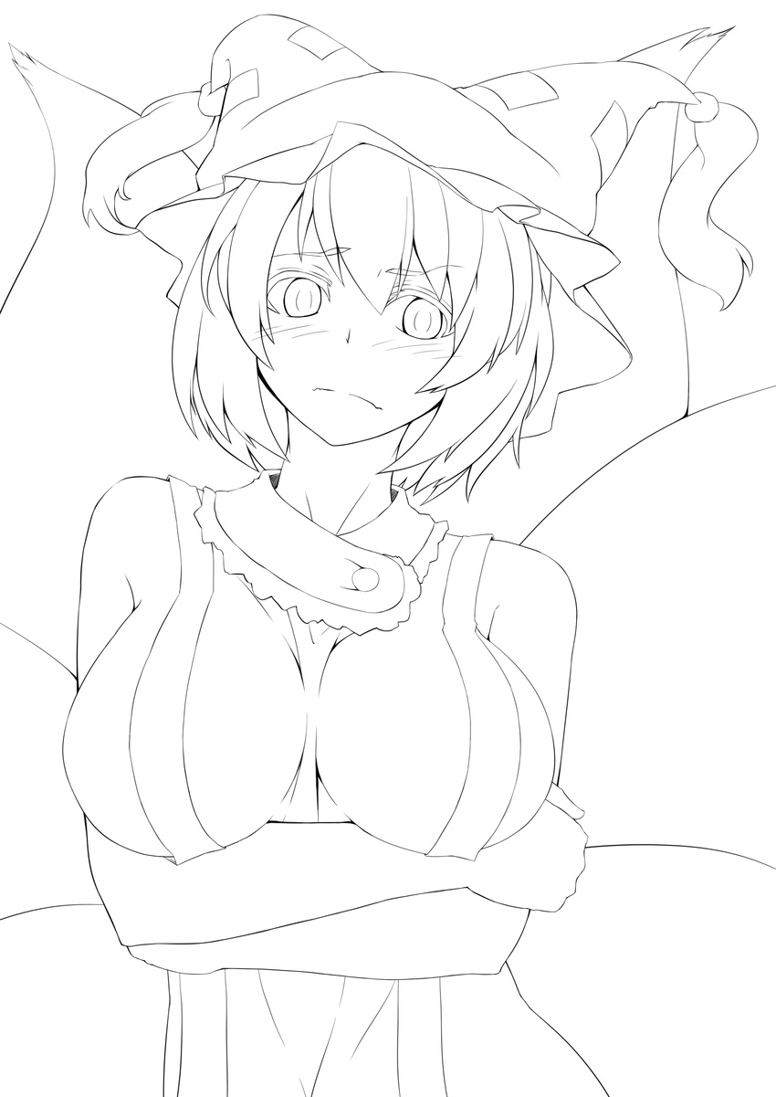 absurdres bad_id bad_pixiv_id blush breast_hold breasts crossed_arms doseisan_(dosei-san) fox_tail greyscale hat highres large_breasts lineart monochrome multiple_tails naked_tabard short_hair sideboob solo tabard tail touhou yakumo_ran