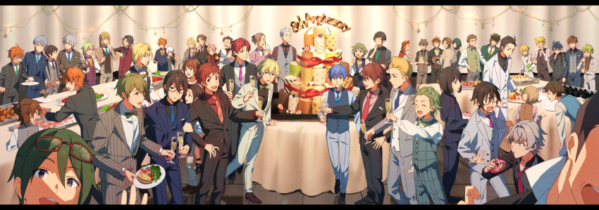 6+boys absurdres akai_suzaku akiyama_hayato akizuki_ryo amagase_touma animal anniversary aoi_kyosuke arm_at_side arm_up arms_at_sides asselin_bb_ii black_footwear black_hair black_headband black_jacket black_necktie black_pants black_shirt black_vest blonde_hair blue_eyes blue_jacket blue_necktie blue_shorts blue_vest blush bow bowtie bracelet braid brown_eyes brown_footwear brown_hair brown_jacket brown_pants brown_vest buttons cake cat cellphone champagne_flute character_request chestnut_sigure child closed_eyes closed_mouth collared_shirt colored_tips covering_own_mouth creature creature_on_shoulder crossdressing cup double-breasted drinking_glass ear_piercing earrings eating english_text everyone eyewear_on_head facial_hair facing_another food fork formal fuyumi_jun goatee_stubble green-framed_eyewear green_bow green_bowtie green_eyes green_hair green_jacket green_necktie green_pants green_vest grey_hair grey_jacket grey_pants grey_vest grin hair_between_eyes hair_over_one_eye hair_slicked_back hairband hand_on_own_cheek hand_on_own_chin hand_on_own_face hand_on_own_hip hand_to_own_mouth hands_up hazama_michio head_out_of_frame headband heterochromia high_heels highres himeno_kanon holding holding_animal holding_cat holding_cup holding_fork holding_phone holding_plate holding_stuffed_toy holding_tongs holding_tray idolmaster idolmaster_side-m ijuuin_hokuto iseya_shiki jacket jewelry kabuto_daigo kaerre kagura_rei kitamura_sora kiyosumi_kuro kizaki_ren koron_chris kurono_genbu kuzunoha_amehiko letterboxed long_hair long_sleeves looking_at_another looking_at_object looking_at_viewer male_focus medium_hair mitarai_shouta mizushima_saki mole mole_under_eye multicolored_hair multiple_boys necktie nekoyanagi_kirio nyako_(idolmaster) on_shoulder one_eye_covered open_clothes open_jacket open_mouth orange_eyes orange_hair orange_necktie pants parted_bangs parted_lips phone piercing pierre_bichelberger pink-framed_eyewear pink_eyes pink_hair pink_jacket pink_necktie pink_shirt plate plate_stack polka_dot_necktie ponytail profile purple_bow purple_bowtie purple_eyes red-framed_eyewear red_hair red_pants red_shirt red_vest sakaki_natsuki sakuraba_kaoru satan_(idolmaster) semi-rimless_eyewear shirt shoes shorts side_braid sidelocks smartphone smile standing streaked_hair stubble stuffed_animal stuffed_frog stuffed_toy suit sweatdrop table tachibana_shiro_(idolmaster) taiga_takeru takajo_kyoji tendo_teru tongs tray tsukumo_kazuki uzuki_makio vest wakazato_haruna watanabe_minori white_hair white_hairband white_jacket white_pants white_shirt yamamura_ken yamashita_jiro yellow_bow yellow_bowtie yellow_eyes yellow_necktie