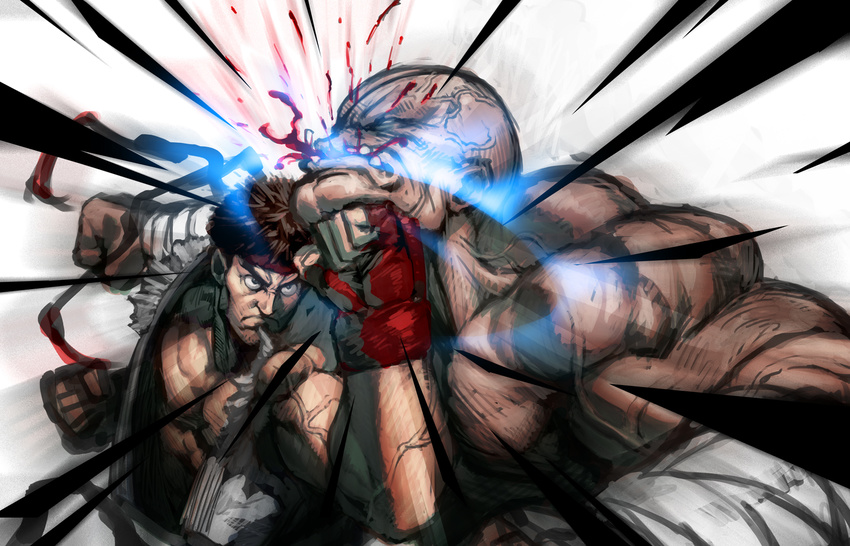 bald battle black_hair blood cozy dougi duel emphasis_lines eyepatch headband multiple_boys ryuu_(street_fighter) sagat shin_shouryuuken shouryuuken street_fighter street_fighter_iv_(series) uppercut