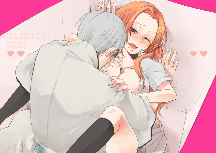 1boy 1girl against_wall between_legs black_legwear bleach blue_eyes blush breasts cleavage clothed_sex heart ichimaru_gin jewelry long_hair matsumoto_rangiku mole necklace noppo open_mouth orange_hair sex short_hair socks sweat vaginal white_hair wince