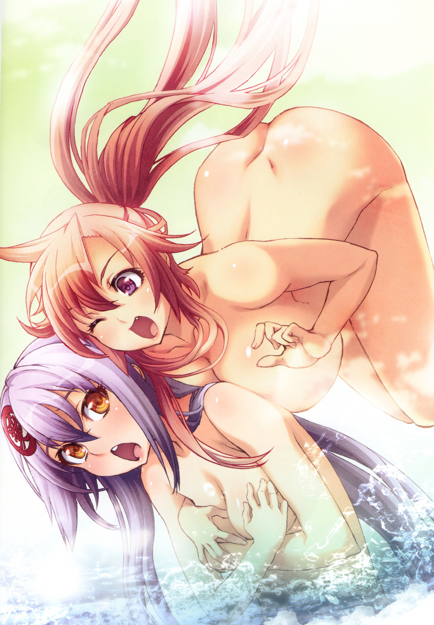 2girls absurdres alternate_hairstyle blush breasts covering covering_breasts female hair_down highres hyakka_ryouran_samurai_girls long_hair maeda_keiji_(hyakka_ryouran) multiple_girls naoe_kanetsugu_(hyakka_ryouran) nishii_(nitroplus) nude open_mouth orange_eyes ponytail purple_eyes purple_hair red_hair very_long_hair water wink yagyuu_juubei_(hyakka_ryouran) yuri