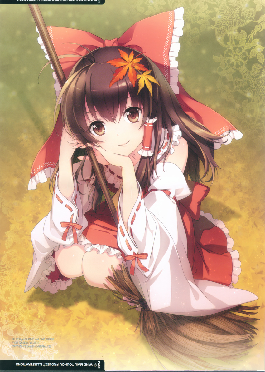 absurdres an2a antenna_hair autumn autumn_leaves bow broom brown_eyes brown_hair chin_rest detached_sleeves full_body hair_bow hair_ornament hair_tubes hakurei_reimu head_tilt highres holding holding_broom huge_filesize japanese_clothes leaf_hair_ornament looking_at_viewer looking_up miko outdoors scan smile solo squatting touhou
