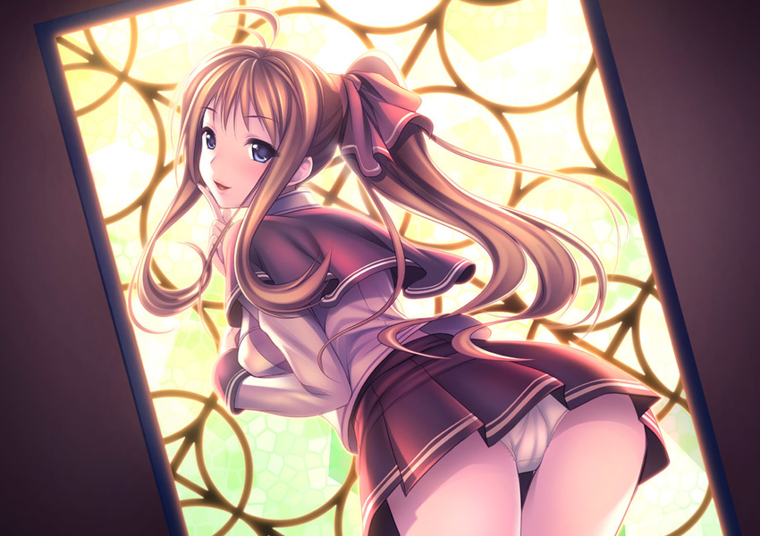 ahoge ass blue_eyes brown_hair dutch_angle hair_ribbon leaning_forward long_hair mikamin original panties ponytail ribbon school_uniform sidelocks skirt solo stained_glass underwear window