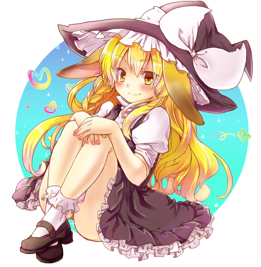 animal_ears bad_id bad_pixiv_id blonde_hair blush bow braid colorized hat hat_bow highres kemonomimi_mode kirisame_marisa long_hair mary_janes onaga shoes side_braid single_braid smile solo touhou white_bow witch_hat yellow_eyes