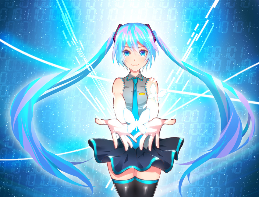 binary black_legwear blue_eyes blue_hair bug butterfly hatsune_miku insect long_hair necktie noboes skirt sleeveless smile solo thighhighs twintails vocaloid wind wind_lift