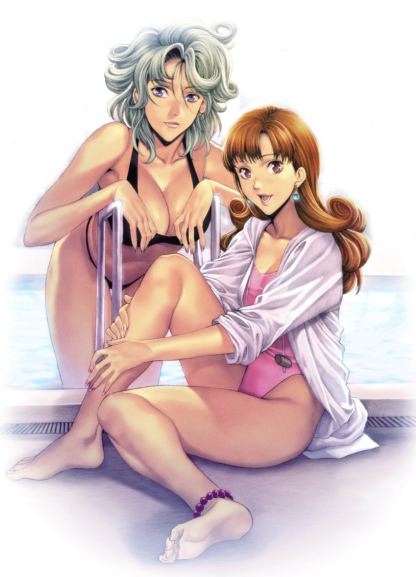 :d alena_(dq4) anklet barefoot bikini blue_eyes breasts brown_hair cleavage collarbone curly_hair dragon_quest dragon_quest_iv drain_(object) earrings green_hair heroine_(dq4) highres homare_(fool's_art) jewelry large_breasts leg_hug looking_at_viewer medium_breasts multiple_girls nail_polish one-piece_swimsuit open_mouth pool pool_ladder red_eyes sitting sleeves_rolled_up smile soles swimsuit toes water