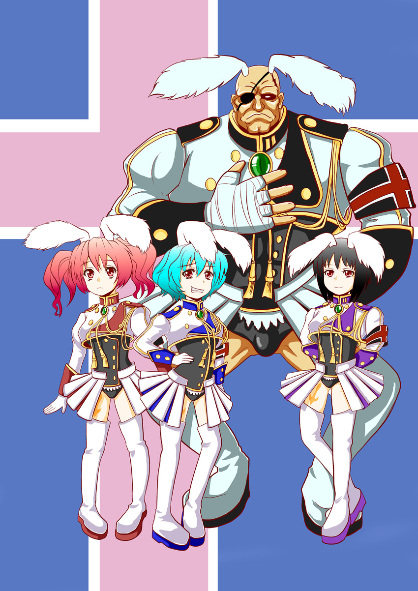 3girls animal_ears aqua_hair armband bald black_hair boots bulge bunny_ears chiester00 chiester00_(cosplay) chiester410 chiester45 chiester556 chiester_sisters cosplay cropped_jacket crossdressing crossover epaulettes eyepatch grin hand_on_hip hi34 highres multiple_girls muscle odd_one_out panties pink_hair red_eyes red_hair sagat short_hair showgirl_skirt smile street_fighter tattoo thigh_boots thighhighs twintails umineko_no_naku_koro_ni underwear what
