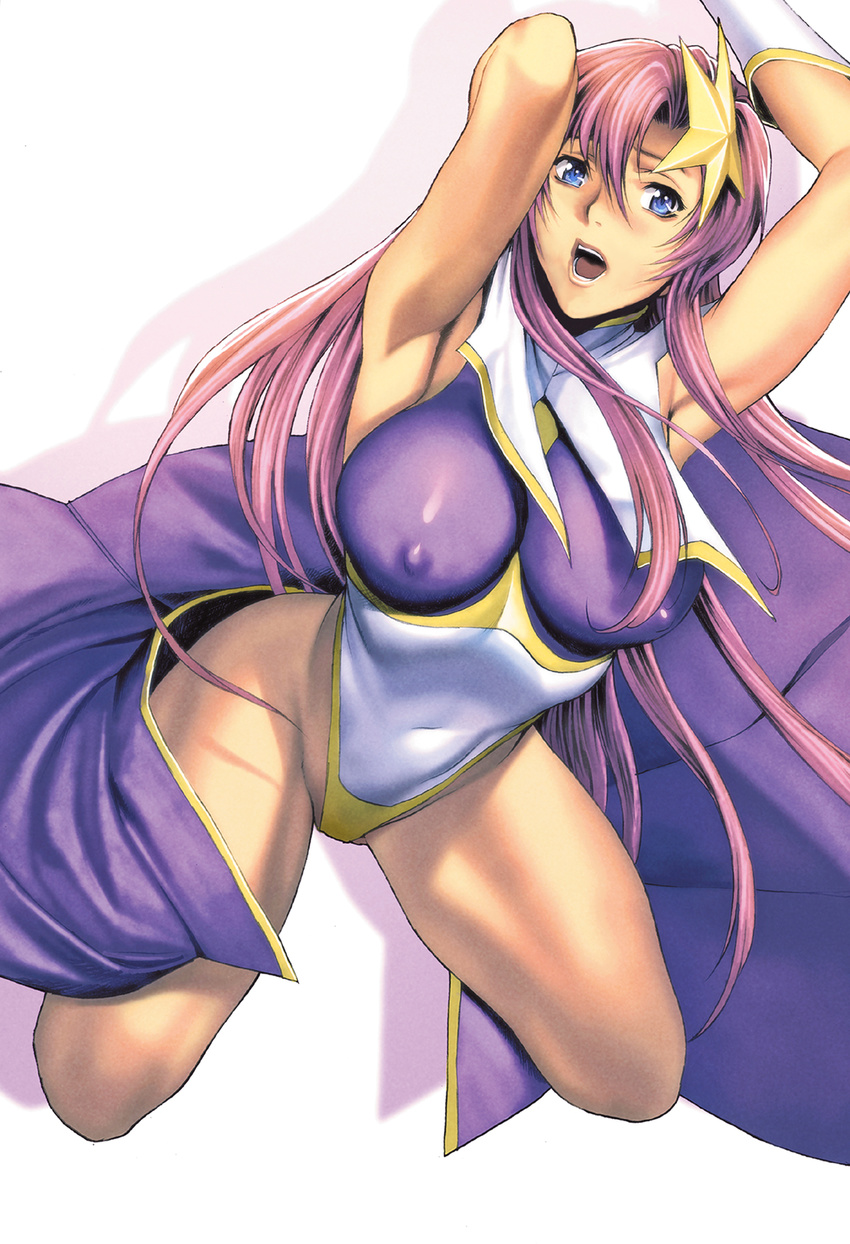 arm_behind_head armpits blue_eyes breasts covered_navel covered_nipples gloves gundam gundam_seed gundam_seed_destiny hair_ornament highleg highleg_leotard highres homare_(fool's_art) kneeling large_breasts leotard long_hair meer_campbell open_mouth pink_hair purple_leotard shadow skirt solo star star_hair_ornament white_leotard